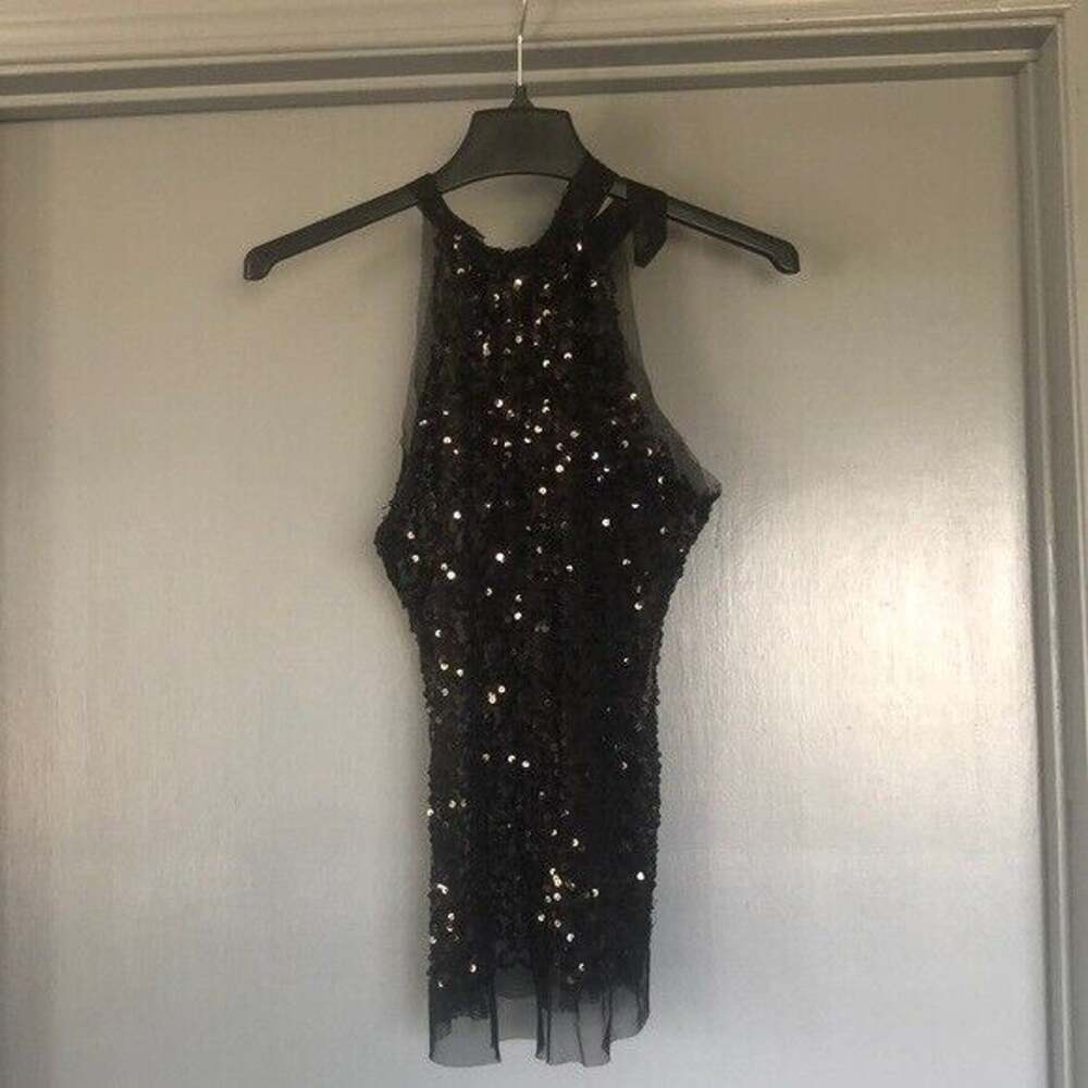 Y2K Black Sequins Sheer Mesh Sleeveless Top Back Tie Whimsygoth Rave Party sz M